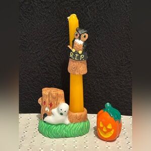 Vintage Halloween Candle Hugger Holder Owl Climber & Vintage Pumpkin Candle